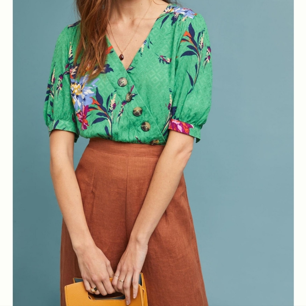 Anthropologie Maeve Floral Green Blouse Size 0